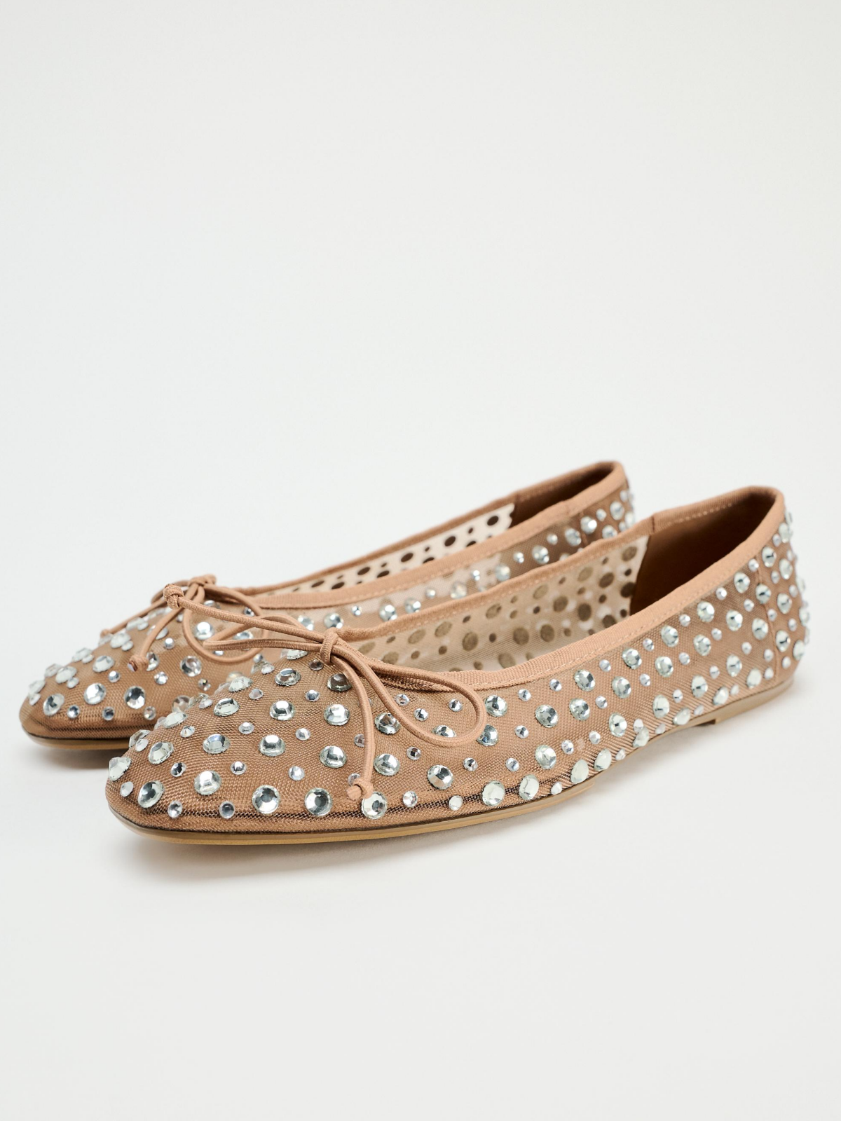 Beige Mesh Round-Toe Ballet Flats With Bow & Sparkle Rhinestone