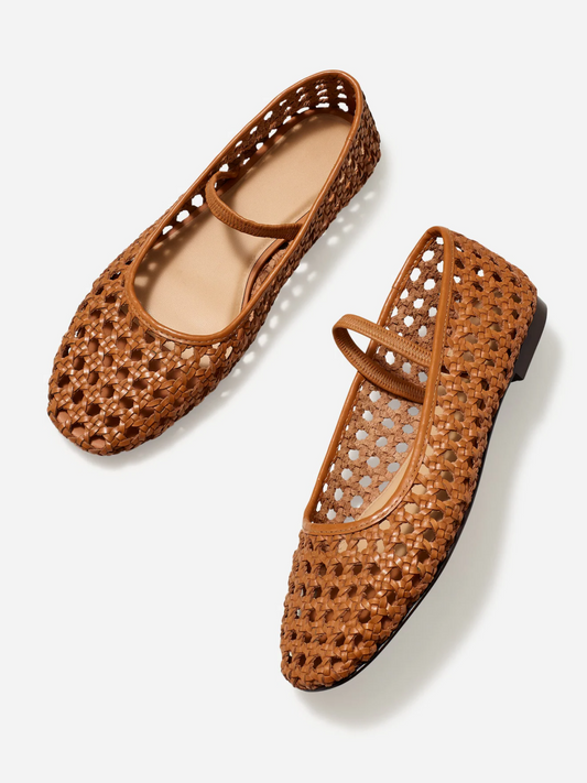 Brown Woven Hollow-Out Ballet Flats Square-Toe Boho Mary Janes