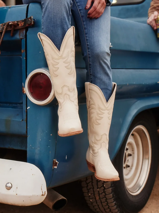 Bone Vegan Leather Snip-Toe Embroidery Tall Wide Calf Knee High Cowgirl Boots
