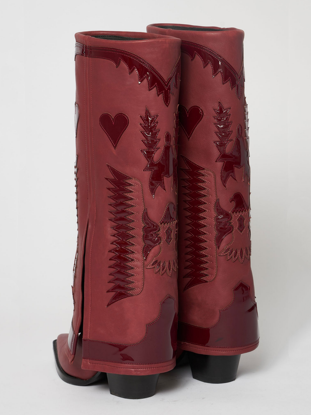 Fold-Over Panel Eagle And Heart Applique Snip-Toe Wide Mid Calf Boots - Burgundy