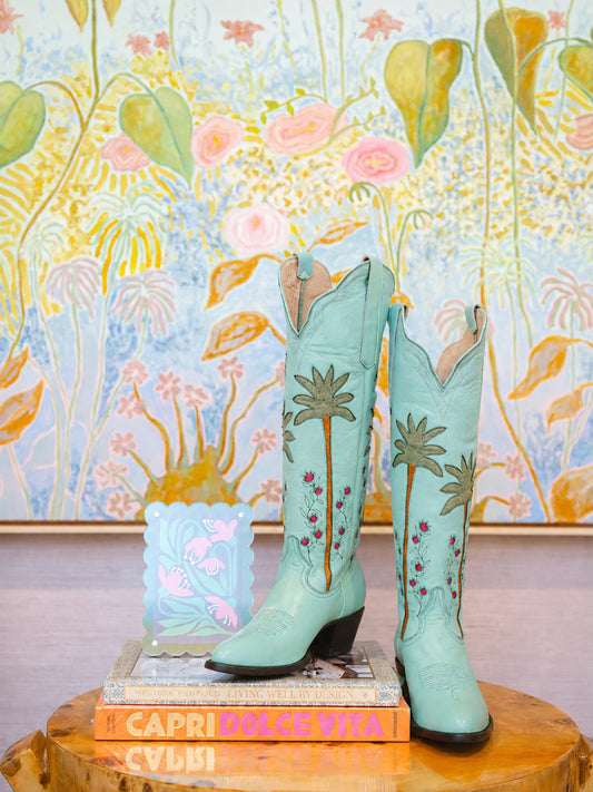 Light Green Almond-Toe Wide Calf Western Boots Knee High Tall Boots With Green Palm Inlay