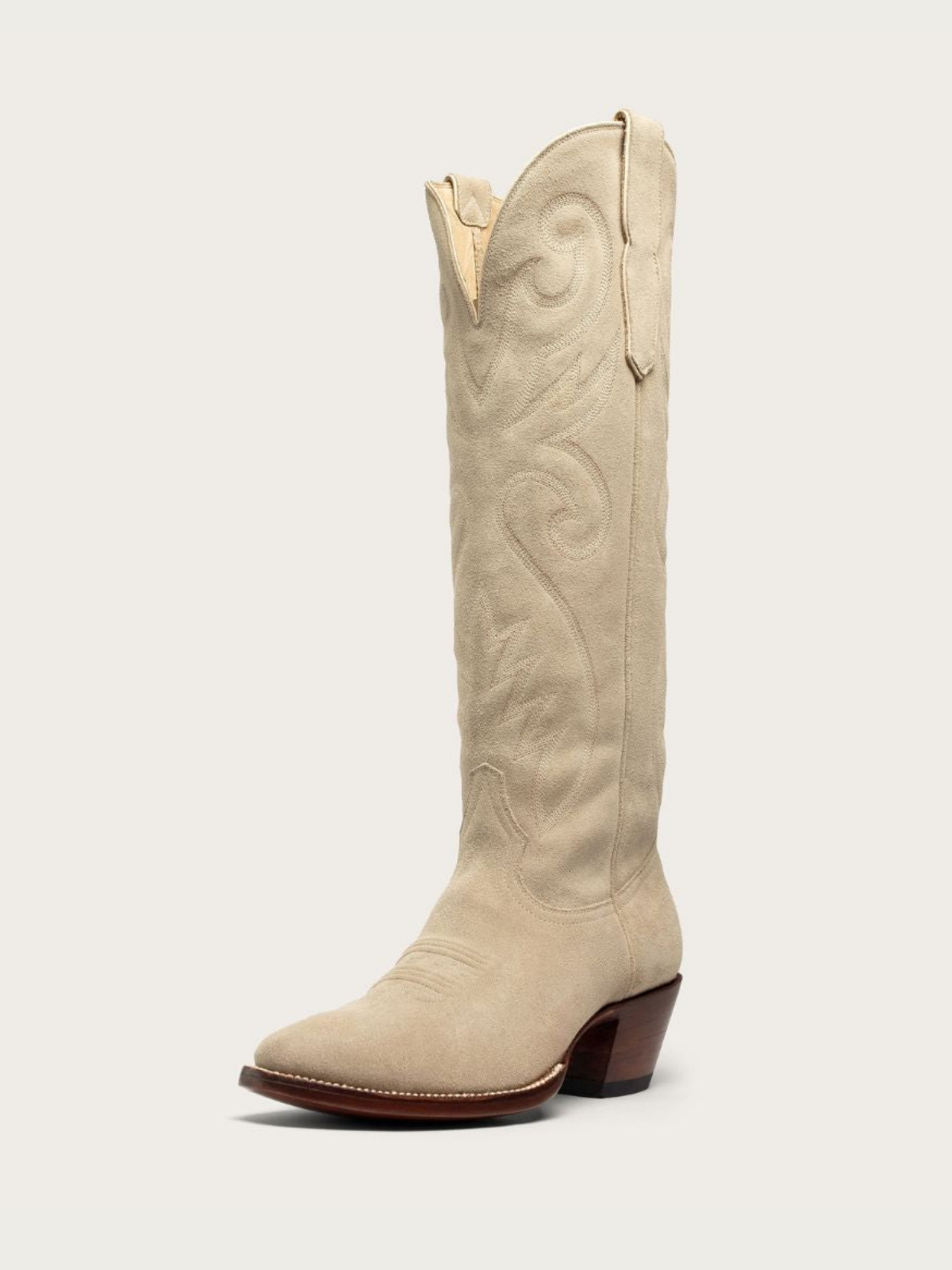 Bone Faux Suede Embroidery Almond-Toe Wide Mid Calf Tall Cowgirl Boots