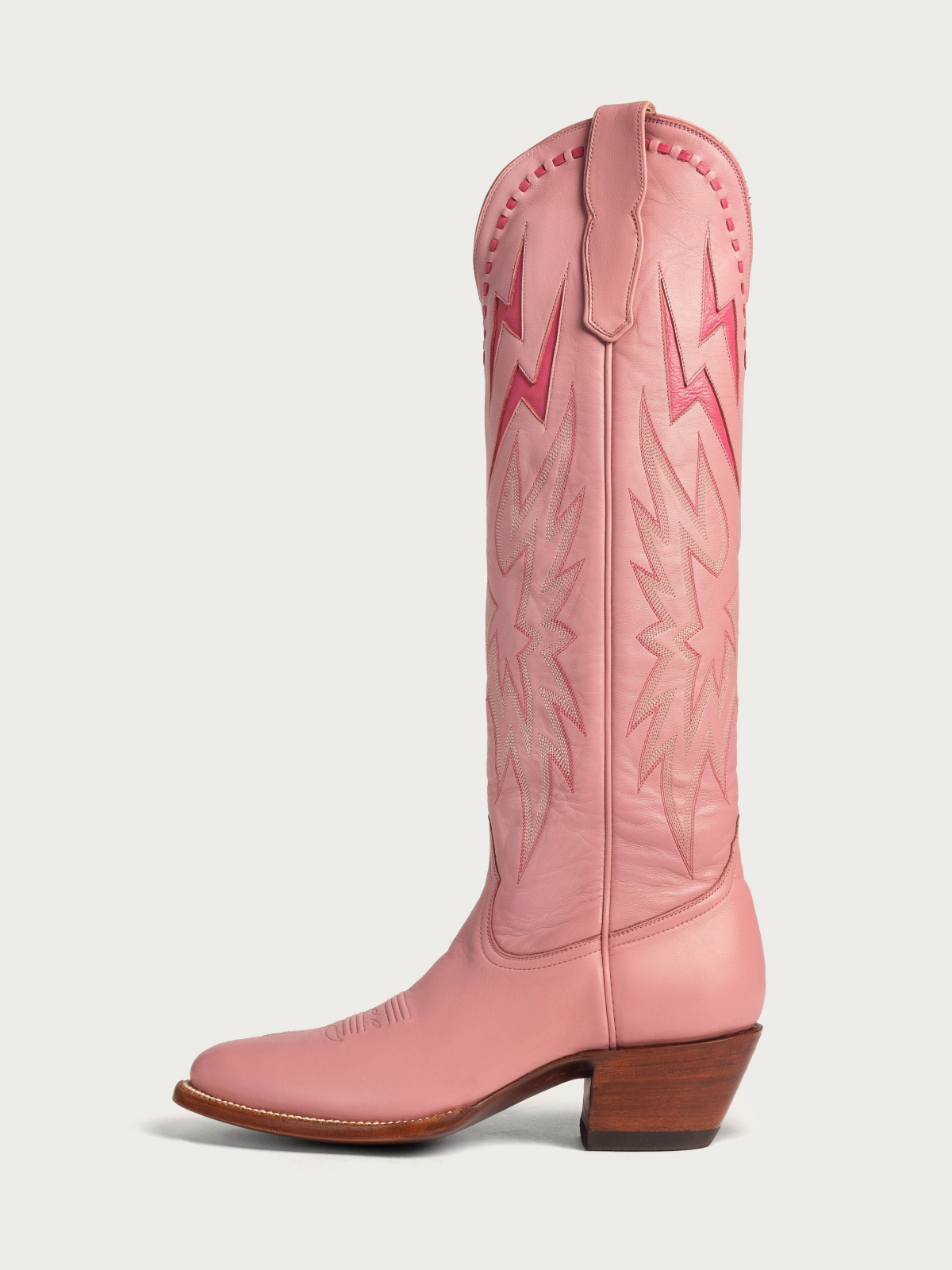 Lightning Inlay Stitch Embroidery Almond-Toe Wide Mid Calf Cowgirl Boots - Pink