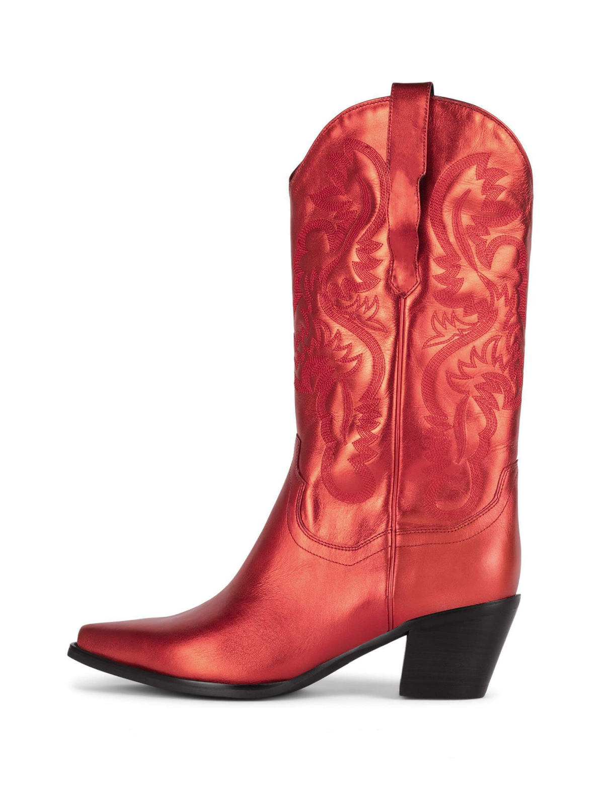 Metallic Red Snip-Toe Western Embroidery Wide Mid Calf Tall Cowgirl Boots