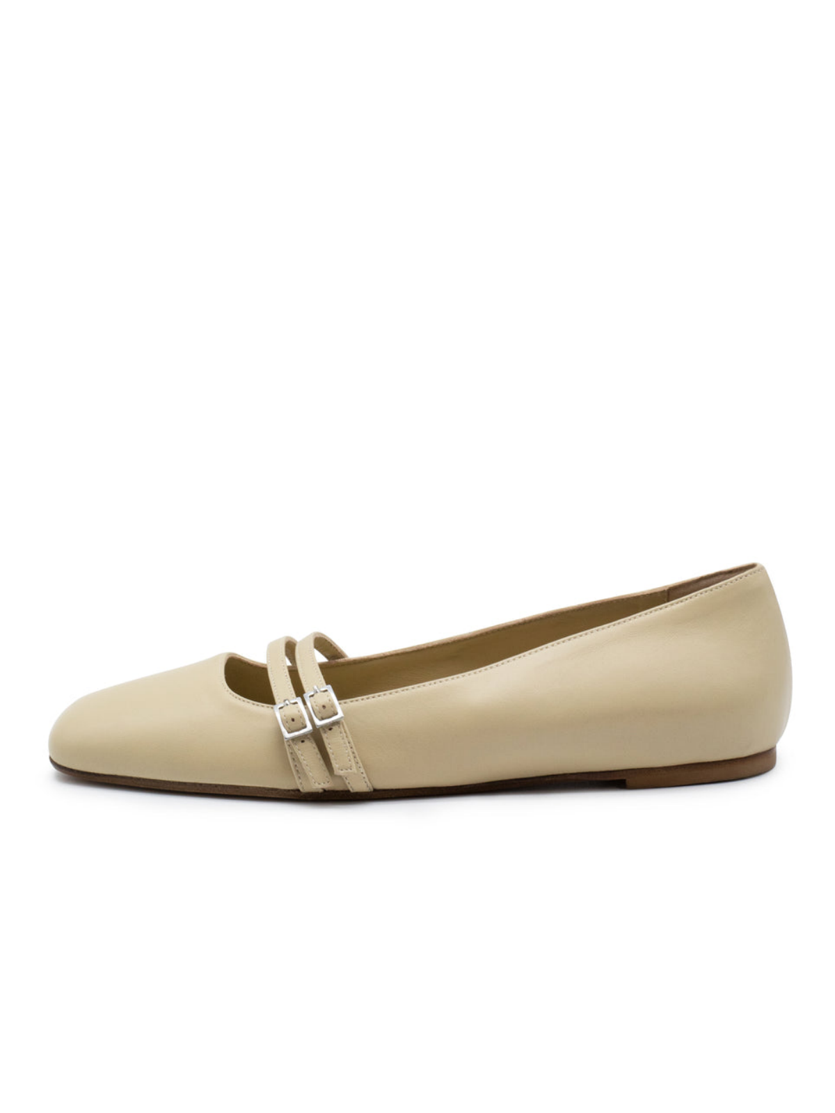 Beige Square Toe Ballet Flats With Double Buckled Strap