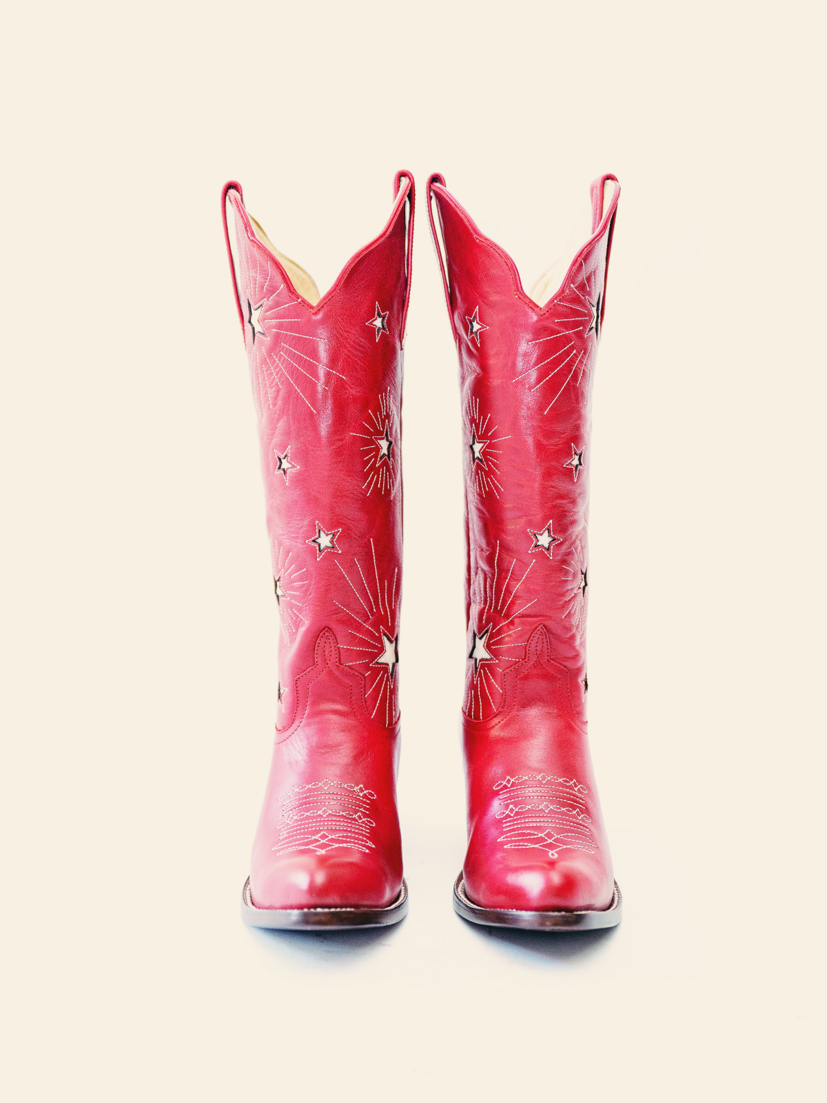 Red Burst Star Inlay Stitch Almond-Toe Wide Mid Calf Western Cowgirl Boots