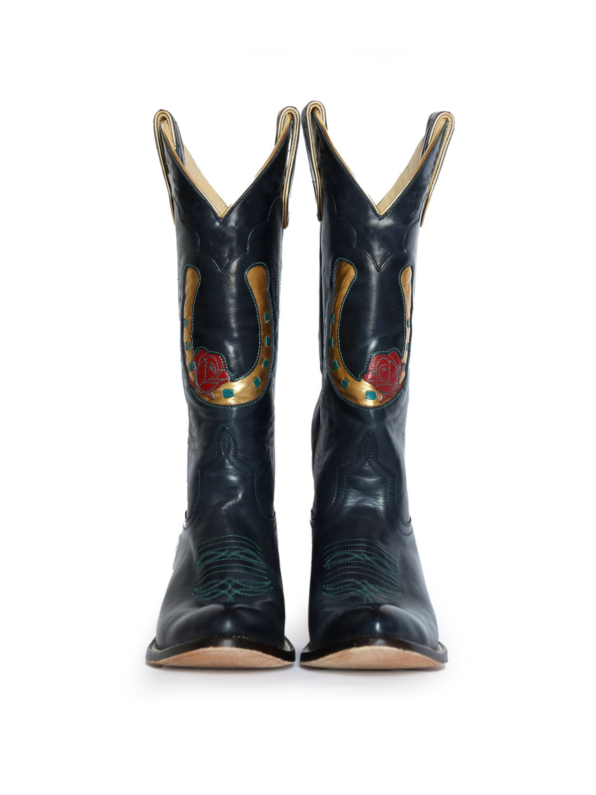 Navy Almond-Toe Rose And Metallic Gold Inlay Wide Mid Calf Cowgirl Boots With Running Stitch