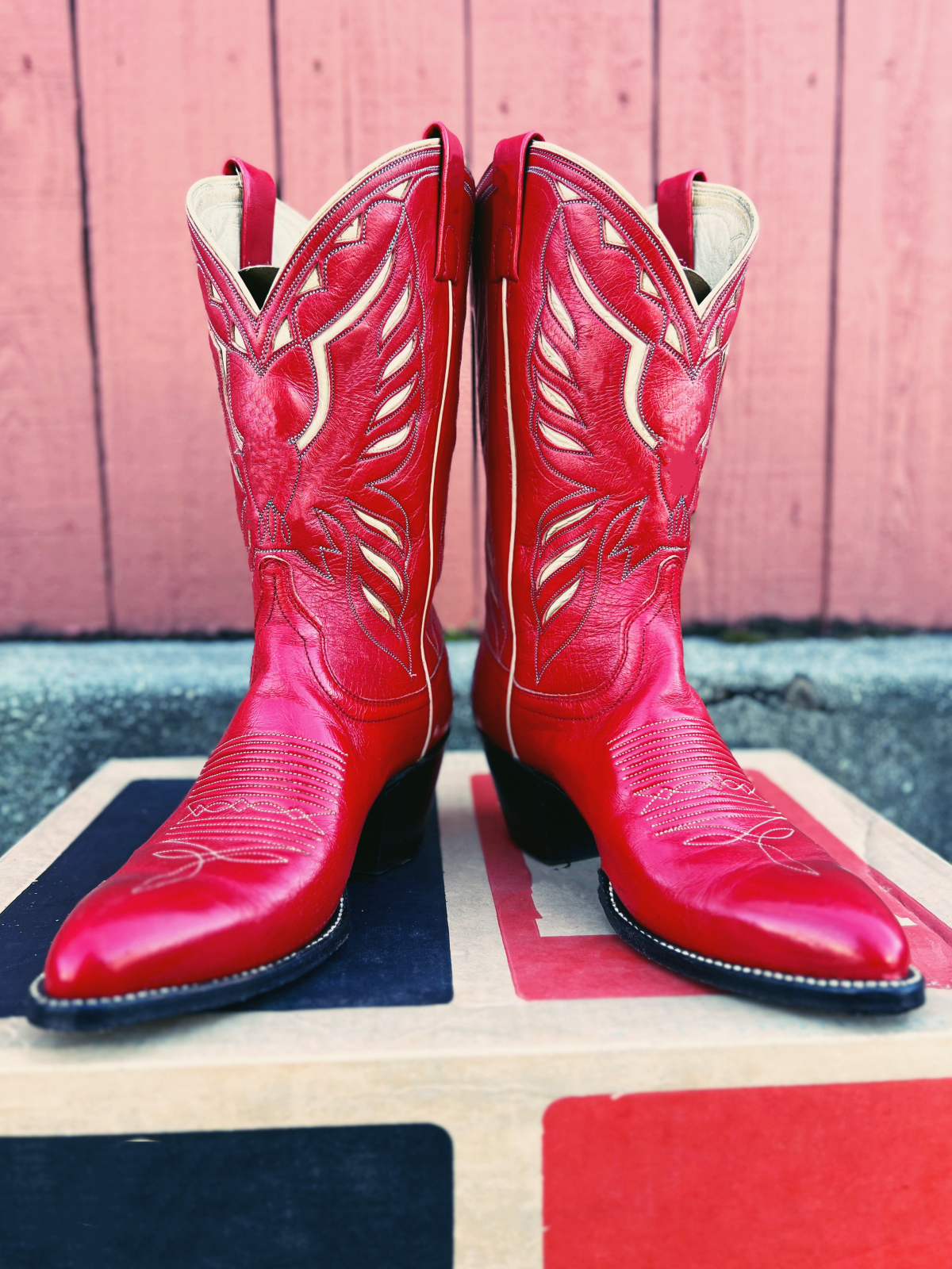 Red Thunderbird Inlay Wide Mid Calf Boots Pointed-Toe Western Cowgirl Boots