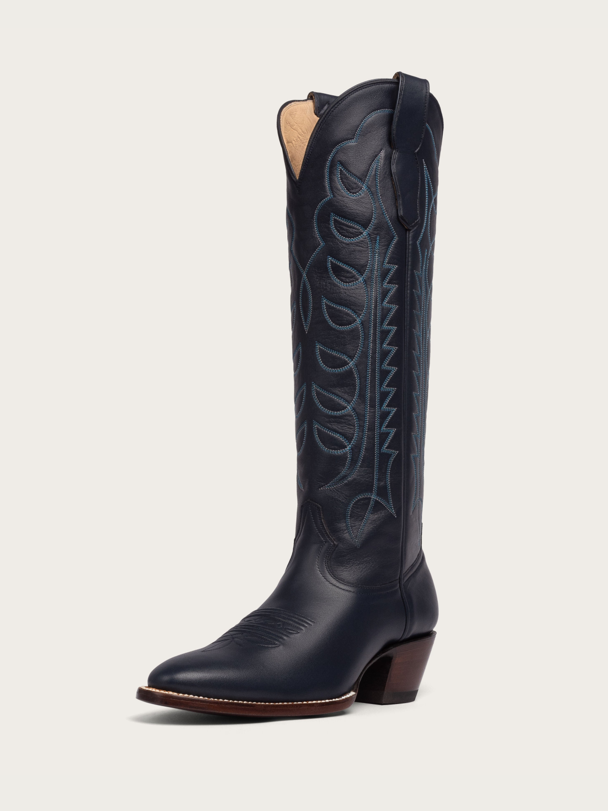 Navy Blue Embroidery Almond-Toe Wide Mid Calf Tall Cowboy Boots For Women