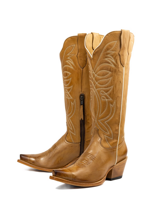 Gold Snip-Toe Western Embroidery Half-Zip Mid Calf Cowgirl Boots