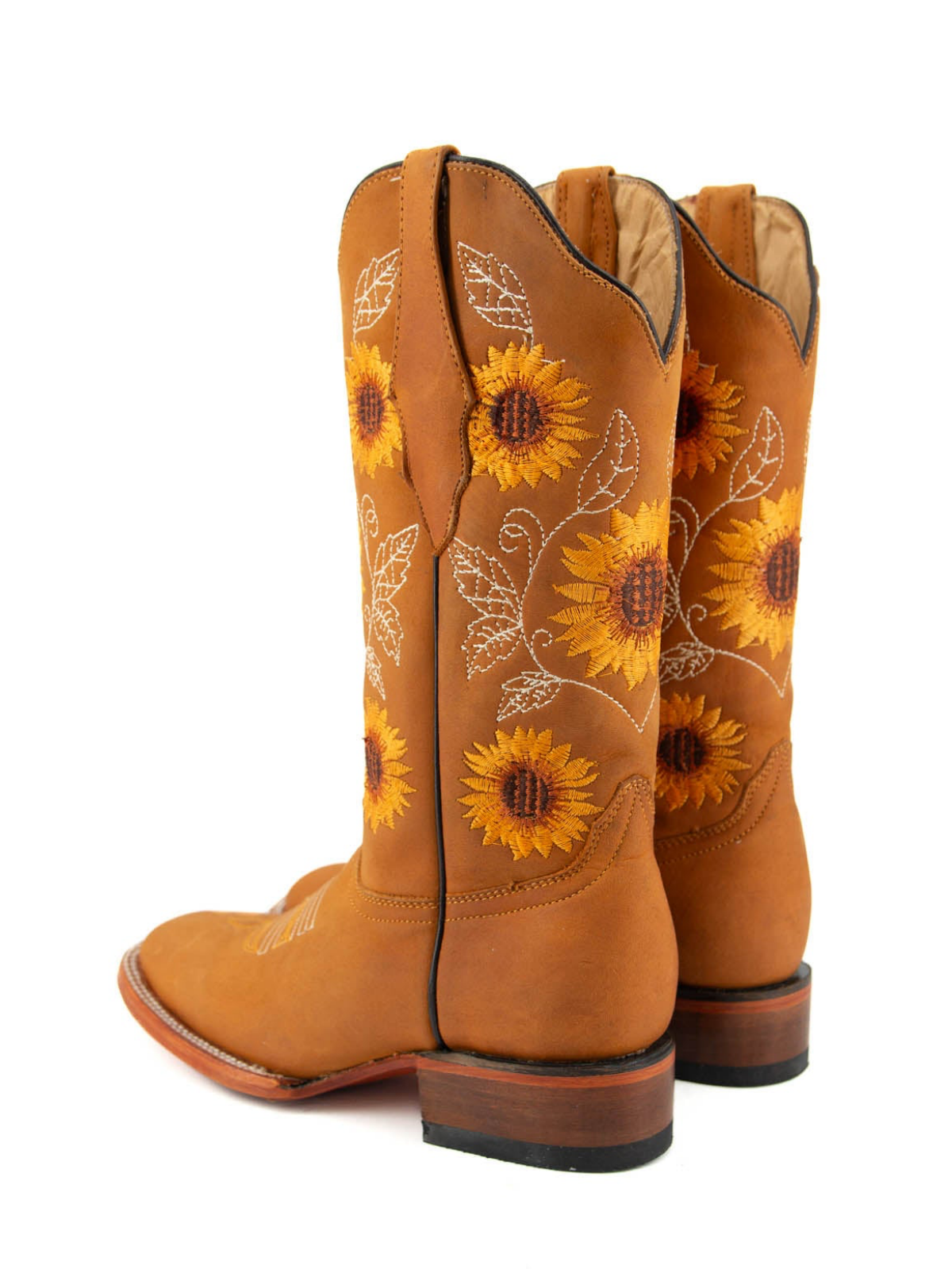 Honey Square-Toe Sunflower Embroidery Wide Mid Calf Cowgirl Boots