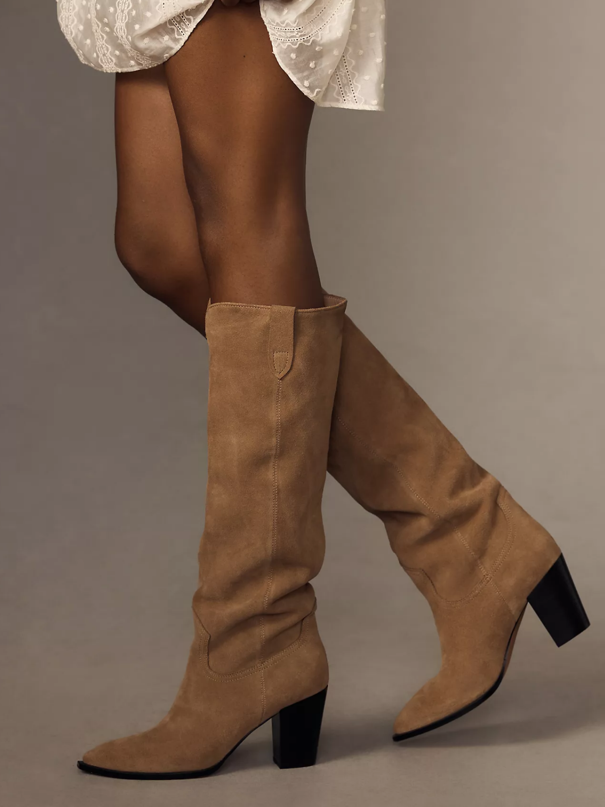 Tan Faux Suede Almond-Toe Wide Mid Calf Western Boots For Women