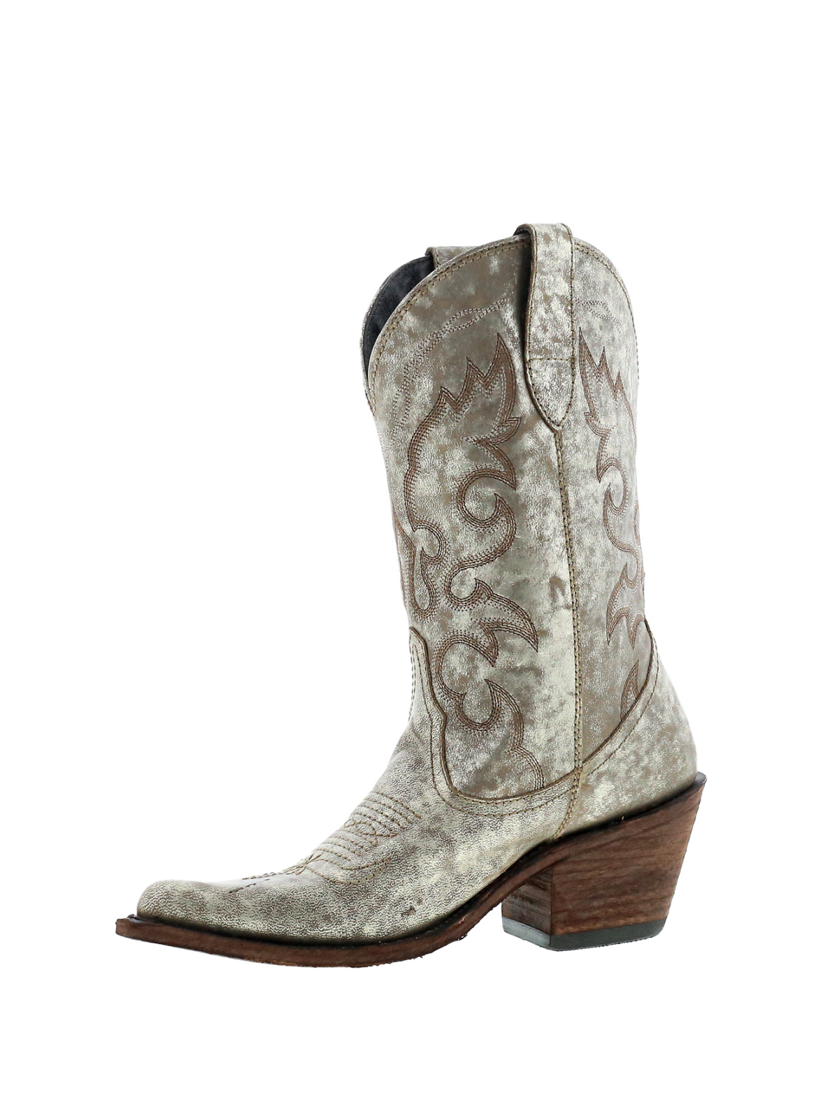 Distressed Metallic Embroidery Almond-Toe Wide Mid Calf Cowgirl Boots - Gray