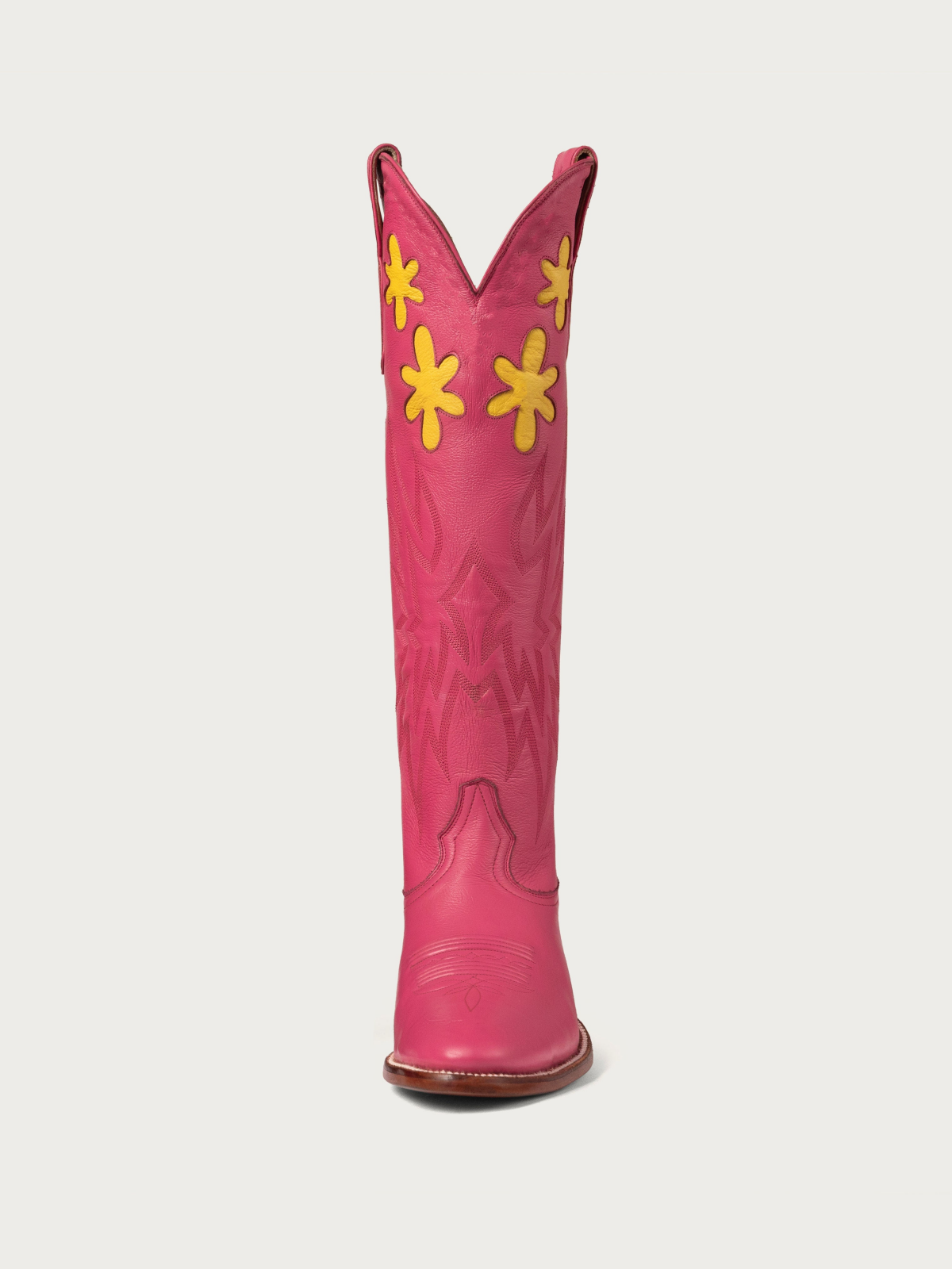 Yellow Floral Inlay Embroidered Wide Calf Cowgirl Tall Boots In Cranberry Pink