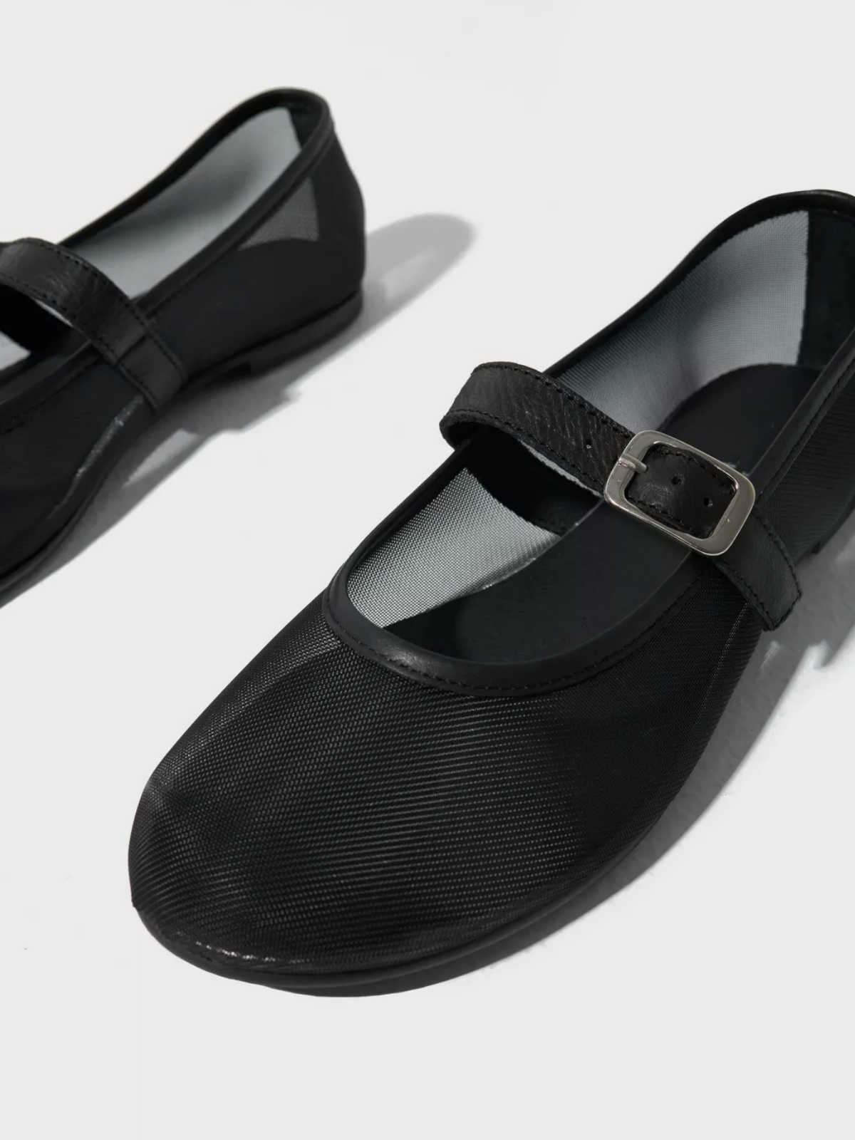 Black Mesh Round-Toe Ballerinas Flats Buckled Mary Janes