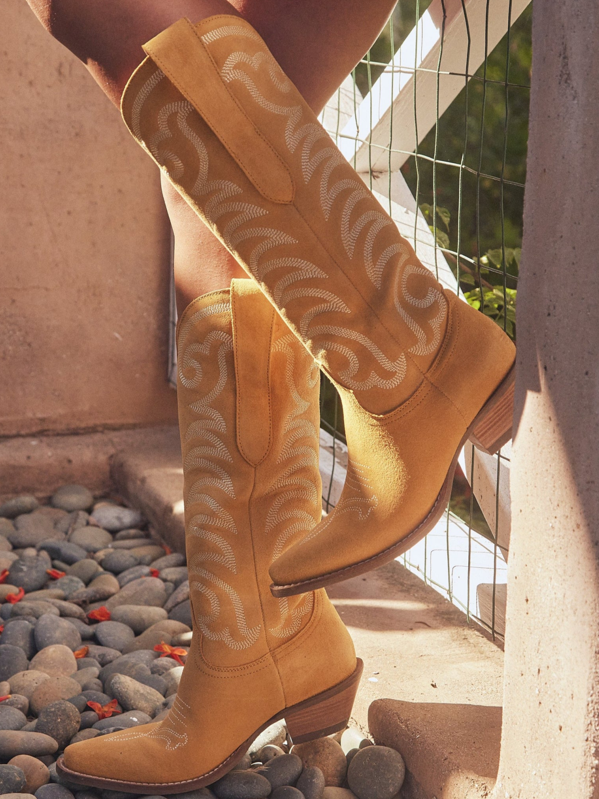 Snip-Toe Faux Suede Classic Embroidery Wide Mid Calf Cowgirl Boots - Yellow