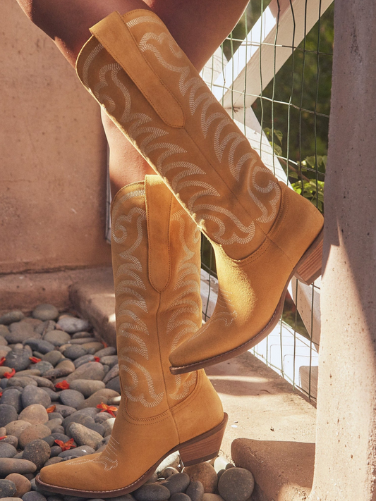 Snip-Toe Faux Suede Classic Embroidery Wide Mid Calf Cowgirl Boots - Yellow