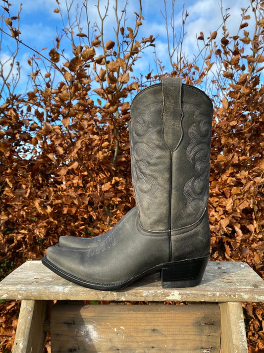 Metallic Grey Snip-Toe Embroidery Wide Mid Calf Cowgirl Boots