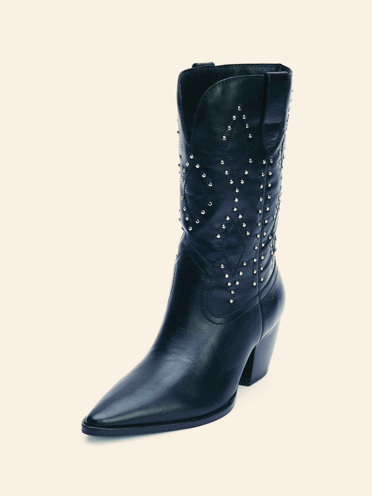 Black Stitch Studded Pointed-Toe Wide Mid Calf Western Boots Cowgirl Boots