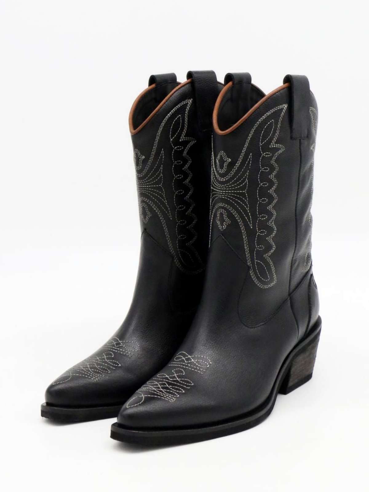 Black Snip-Toe Wings Embroidery Wide Mid Calf Cowgirl Boots