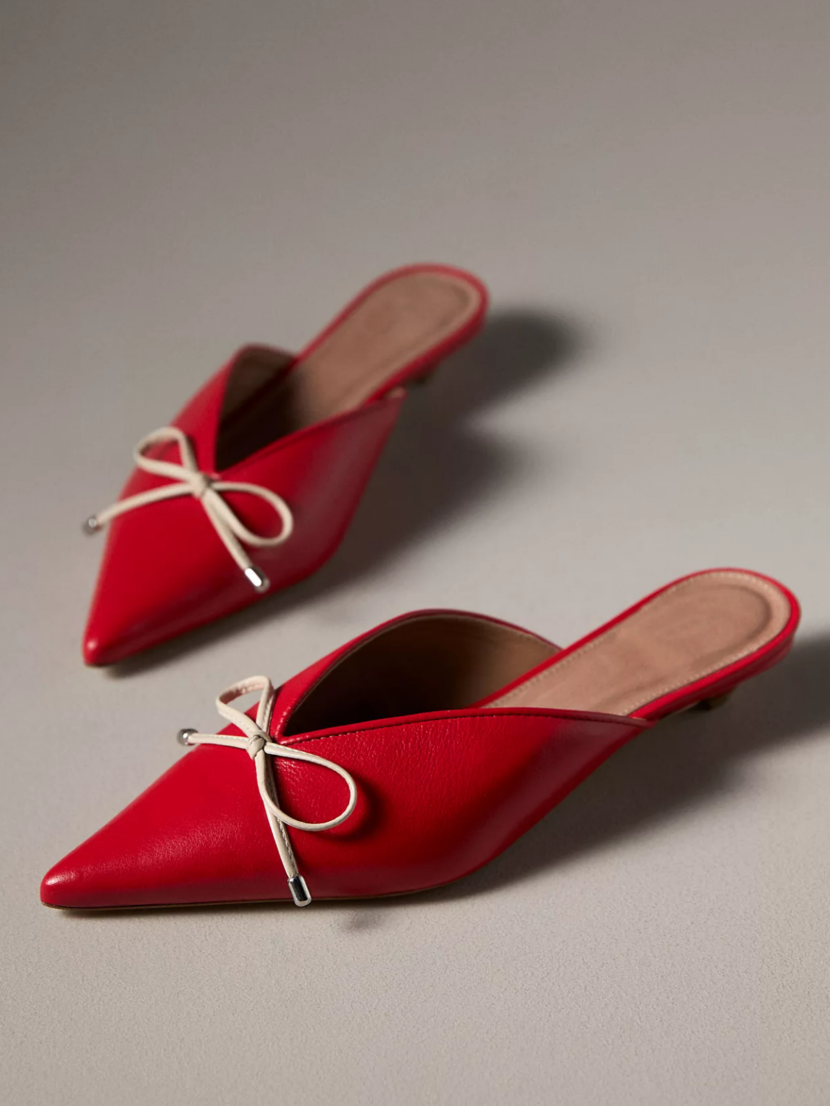 Red Pointed-Toe Slip-On Kitten Heels With Bow