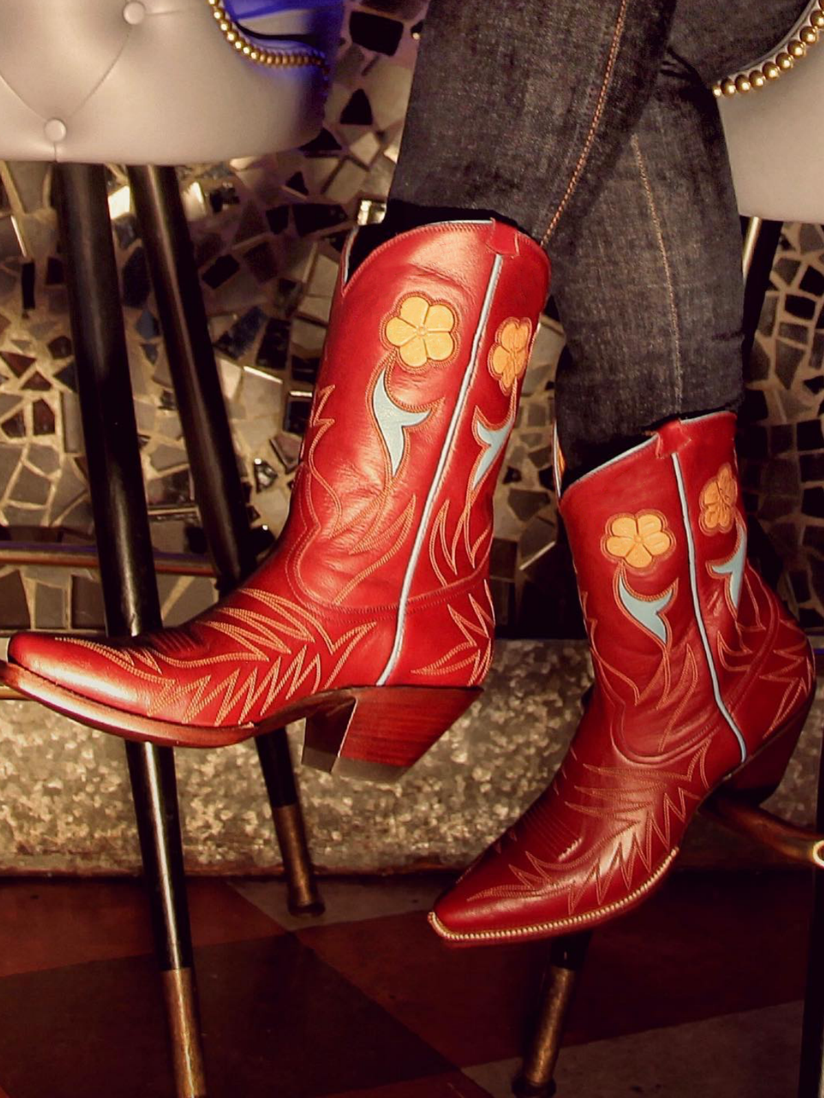 Red Embroidery Yellow Flower Inlay Snip-Toe Wide Mid Calf Cowgirl Boots