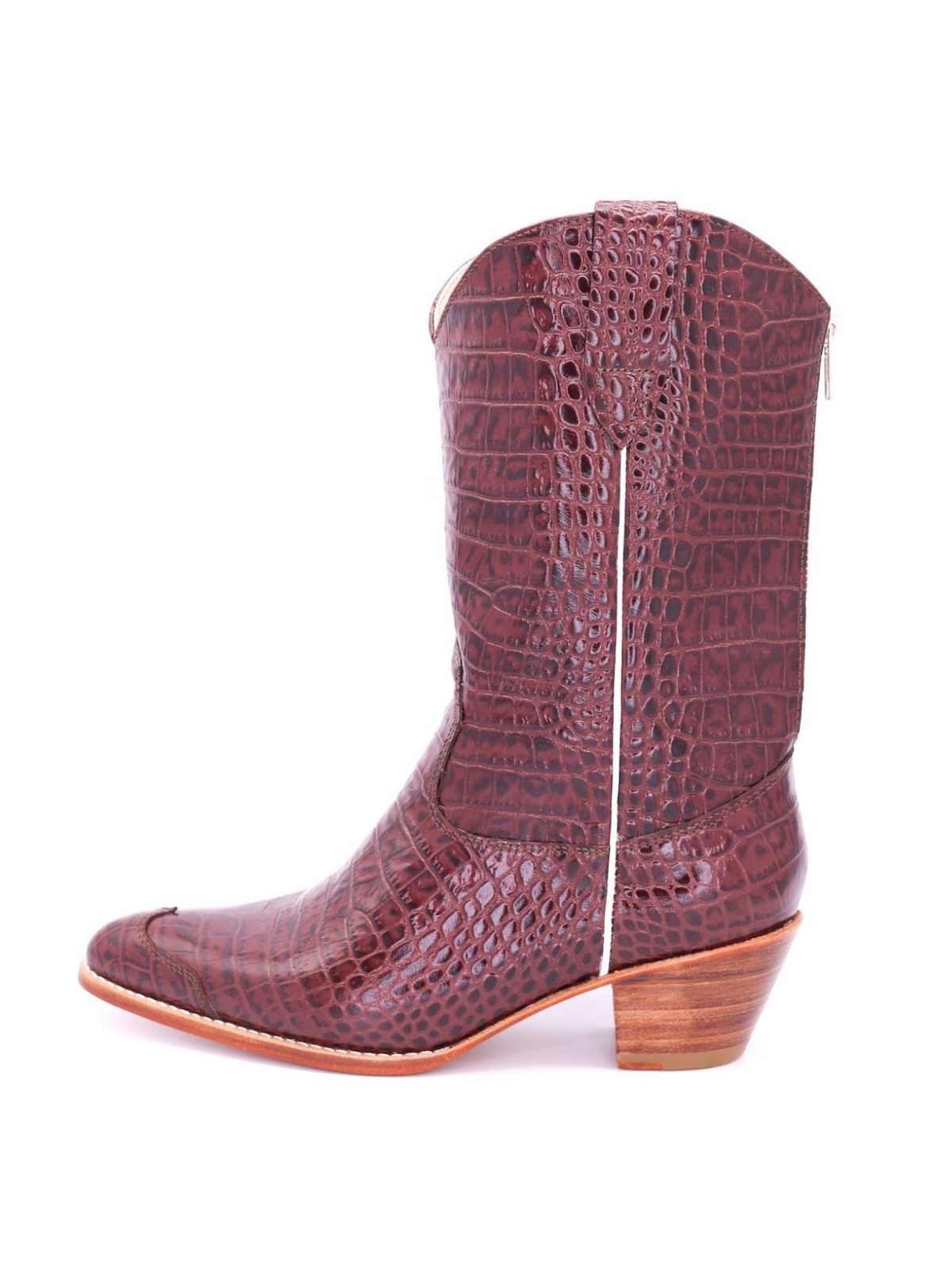 Red Crocodile-Embossed Vegan Leather Almond-Toe Back-Zip Mid Calf Cowgirl Boots