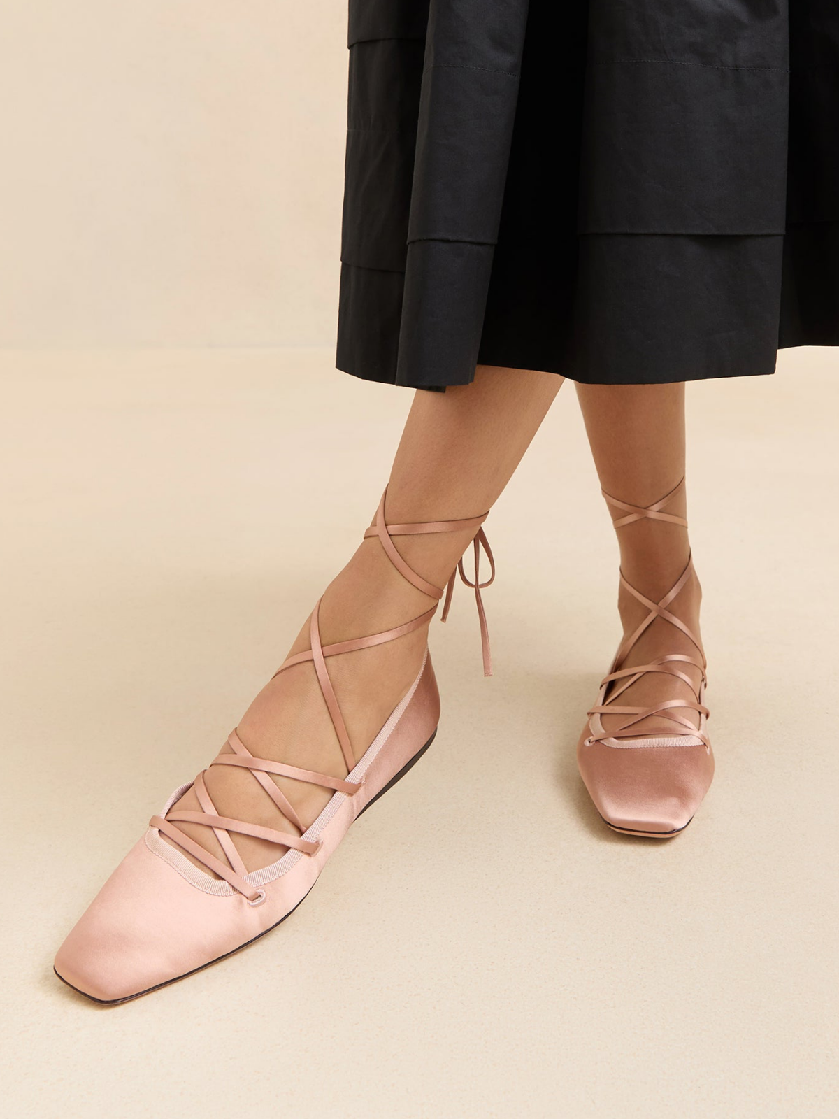 Blush Pink Cloth Square-Toe Lace-Up Ballet Flats