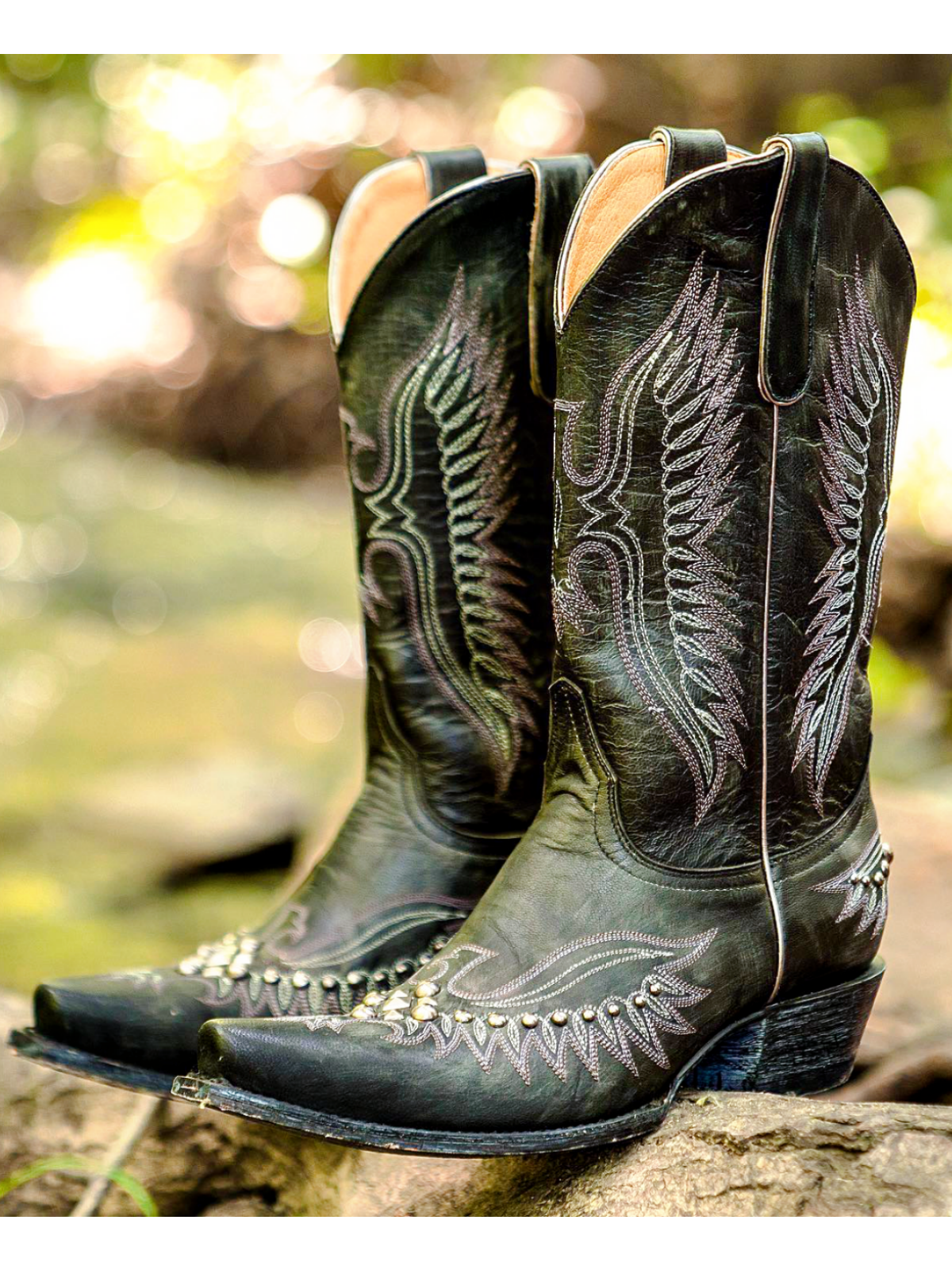 Distressed Black Snip-Toe Studded Eagle Embroidery Wide Mid Calf Tall Cowgirl Boots