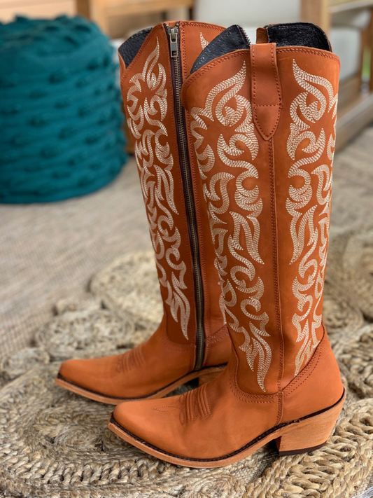 Round Pointed-Toe Embroidery Full-Zip Tall Knee High Cowgirl Boots - Orange