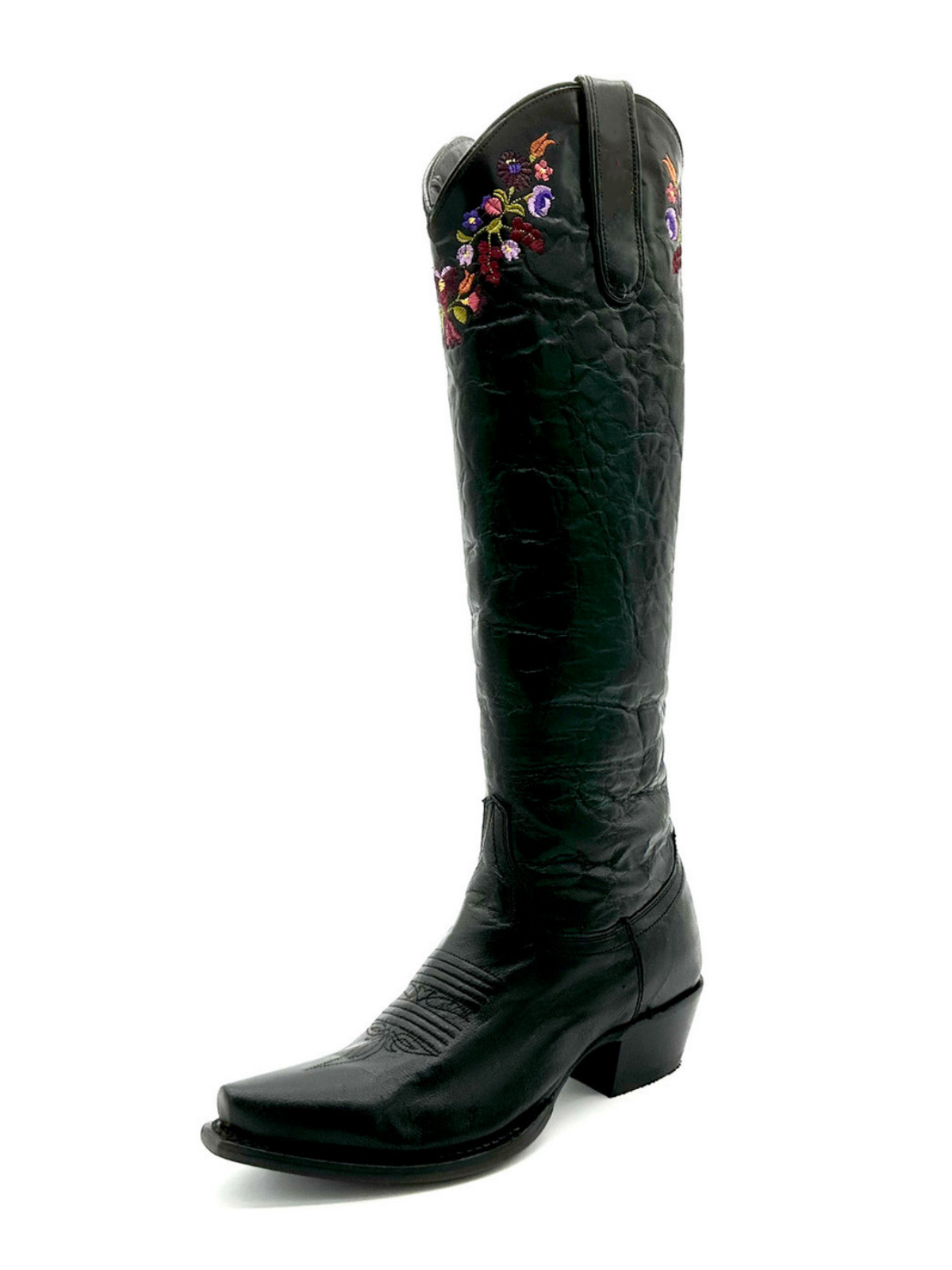 Distressed Black Snip-Toe Colorful Floral Embroidery Half-Zip Tall Knee High Cowgirl Boots