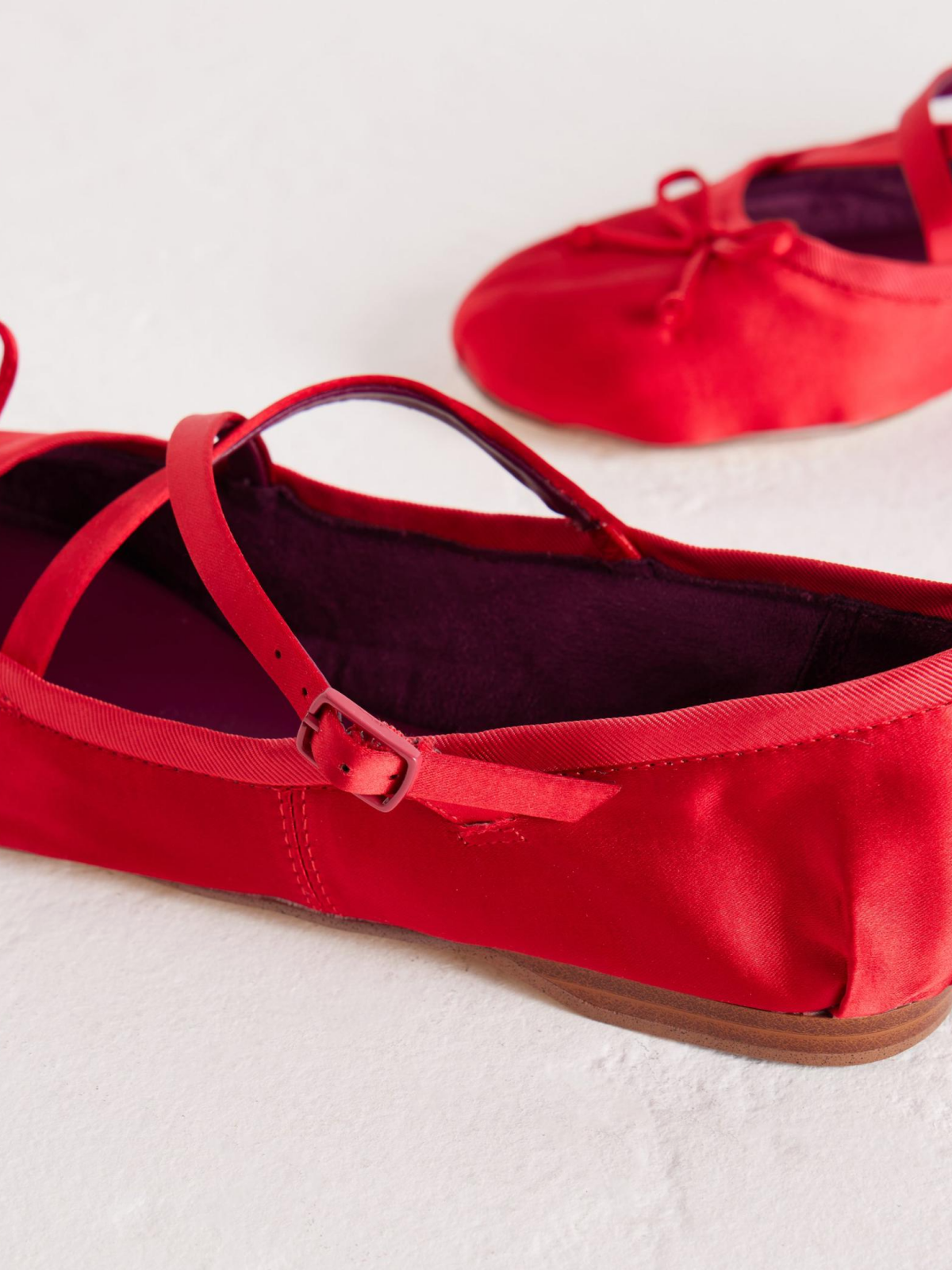 Satin Red Bow Ballerina Flats With Crossed Buckled Strap