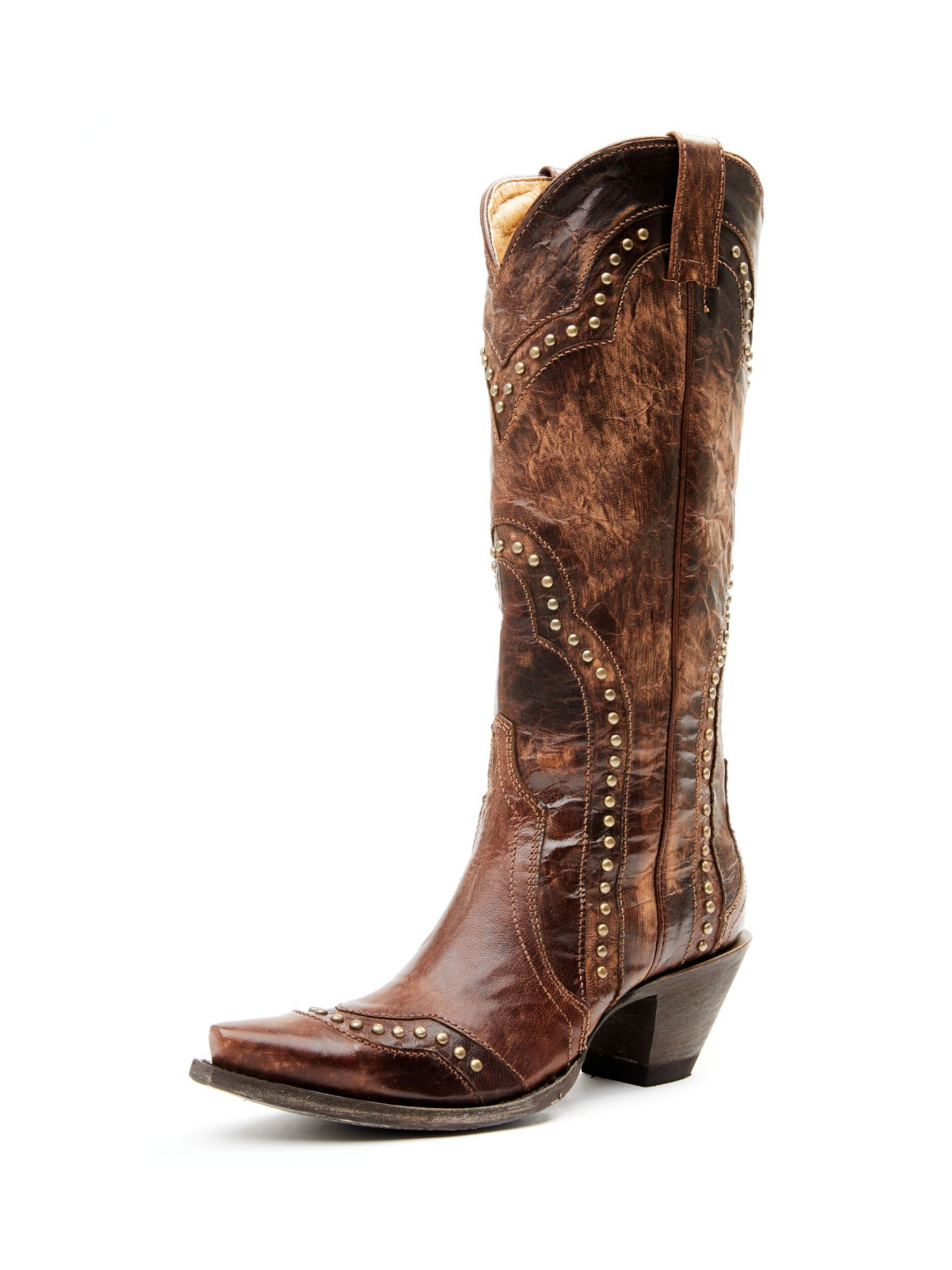 Brown Distressed Stitch Studded Snip-Toe Wide Mid Calf Cowgirl Tall Boots