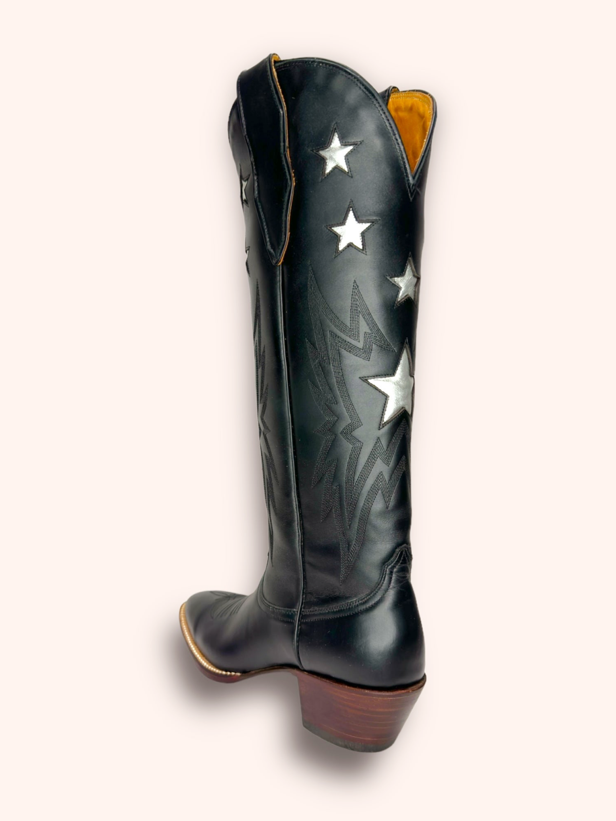 Metallic Star Inaly Embroidery Almond-Toe Wide Mid Calf Tall Cowgirl Boots - Black