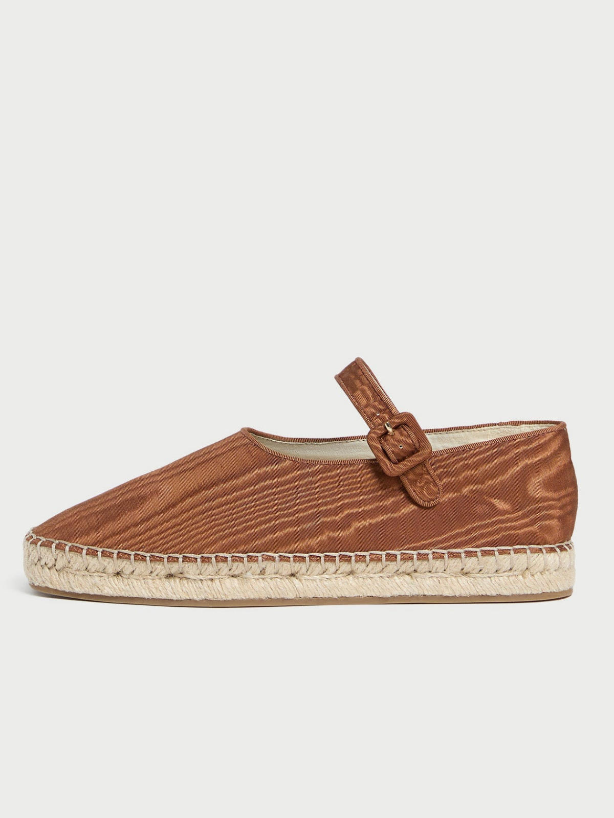 Brown Cloth Almond-Toe Adjustable Bridge Strap Espadrille Mary Janes Flats