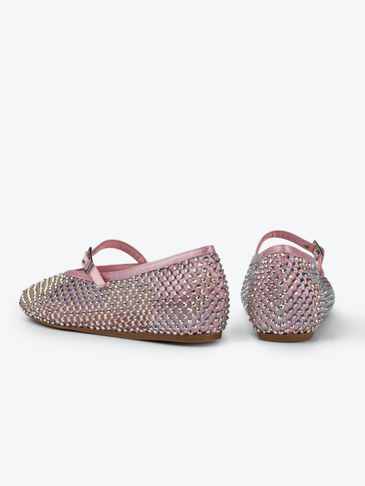 Pink Satin Iridescent Rhinestone Fishnet Round-Toe Ballet Flats Mary Janes