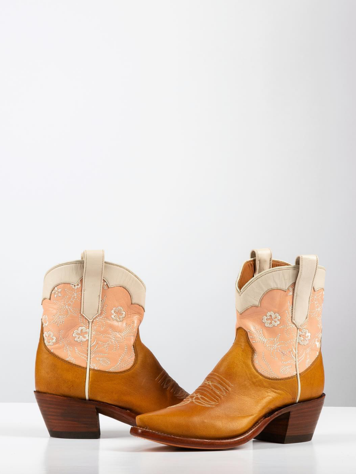 Contrast Tri-Color Snip-Toe Cowgirl Ankle Booties With White Floral Embroidery