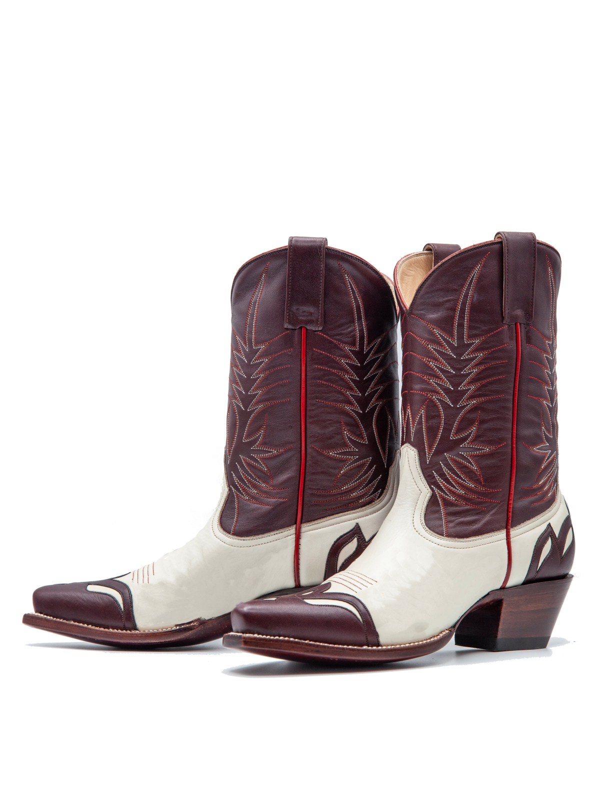 Contrast White And Brown Snip-Toe Embroidery Wide Mid Calf Cowgirl Boots