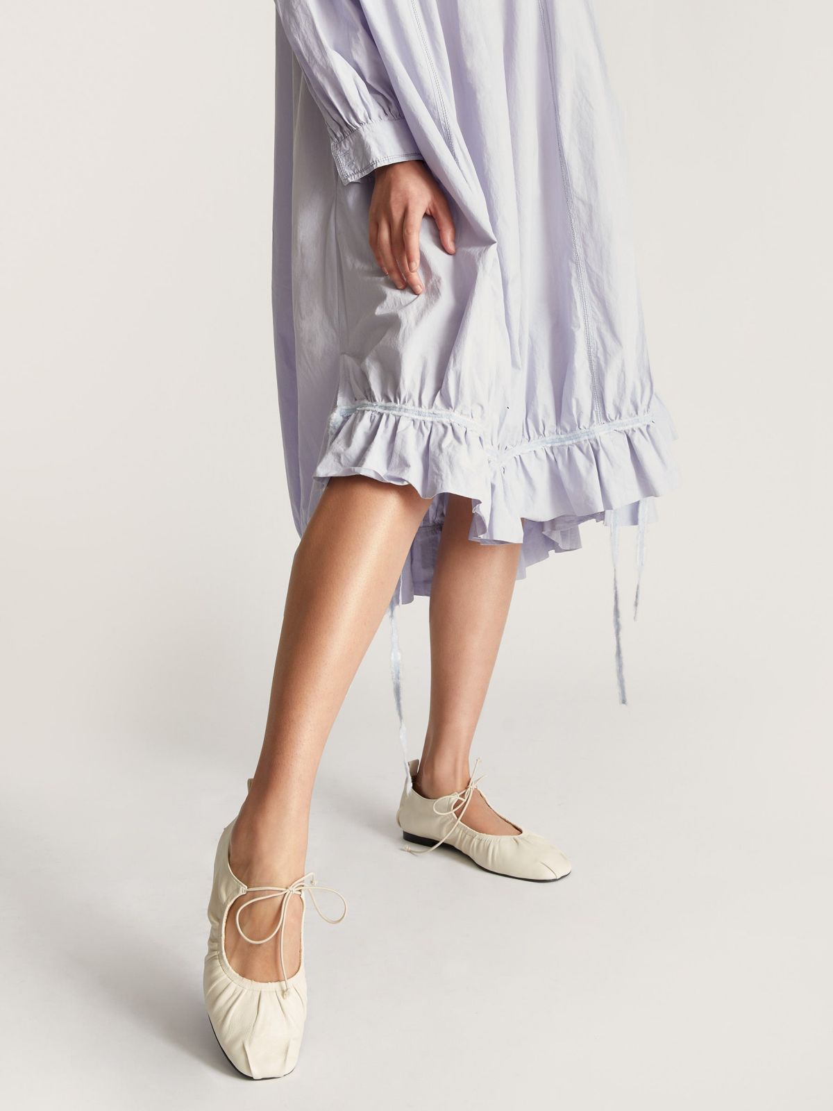 Cream Tied Bow Shirring Round Toe Ballet Flats