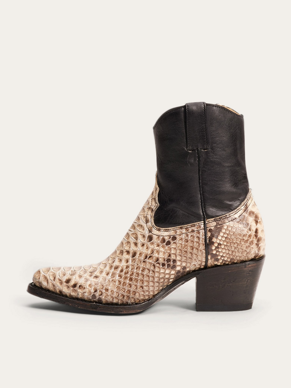 Contrast Black And Snakeskin Almond-Toe Full-Zip Mid Calf Cowgirl Boots