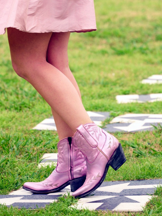 Metallic Almond-Toe Embroidery Full-Zip Mid Calf Cowgirl Boots - Pink