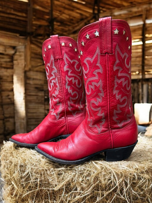 Red Embroidery White Star Inlay Pointed-Toe Wide Mid Calf Tall Cowgirl Boots