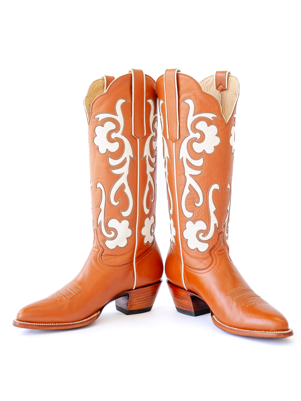 Orange Almond-Toe White Inlay Wide Mid Calf Tall Cowgirl Boots