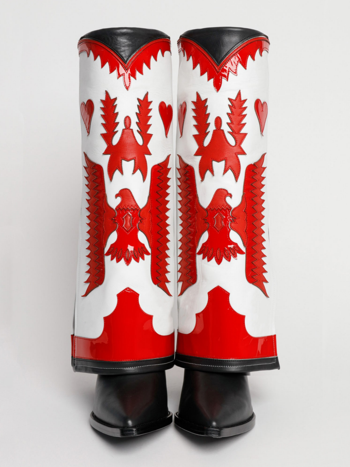 Fold-Over Panel Eagle And Heart Applique Snip-Toe Wide Mid Calf Boots - White And Red