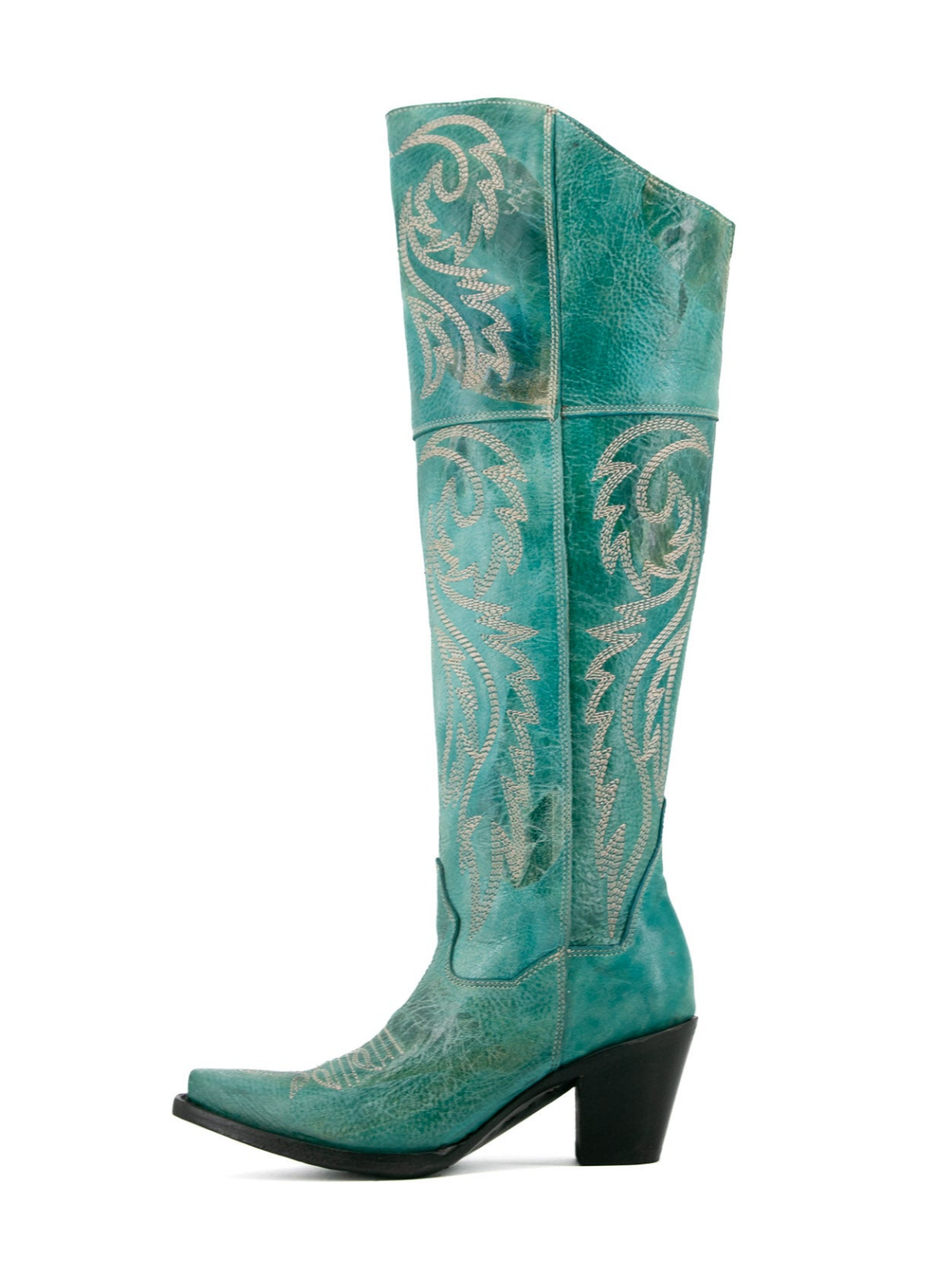 Distressed Snip-Toe Embroidery Tall Half-Zip Knee High Cowgirl Boots - Turquoise