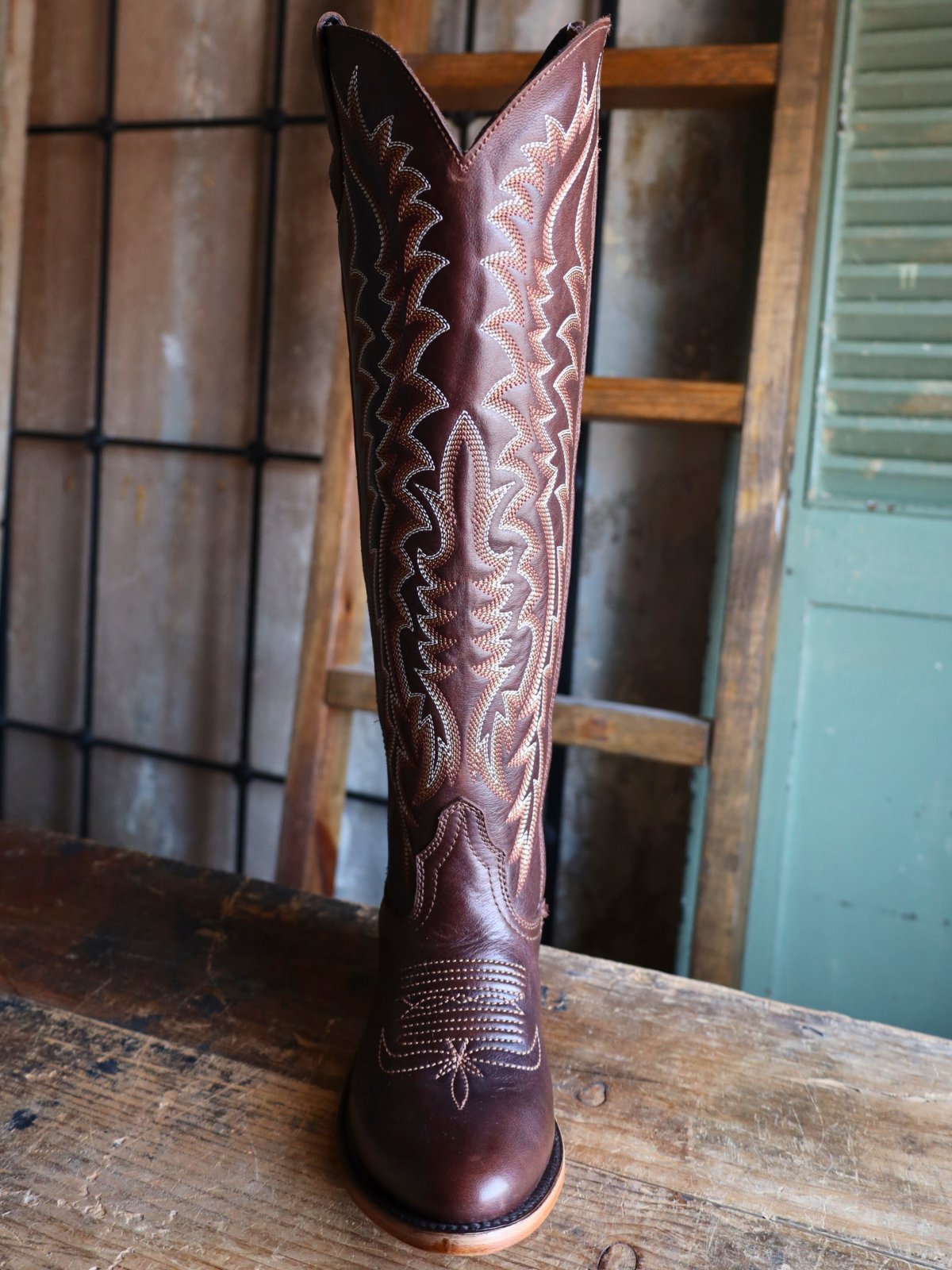 Full-Zip Almond-Toe Classic Embroidery Tall Knee High Cowgirl Boots - Chocolate