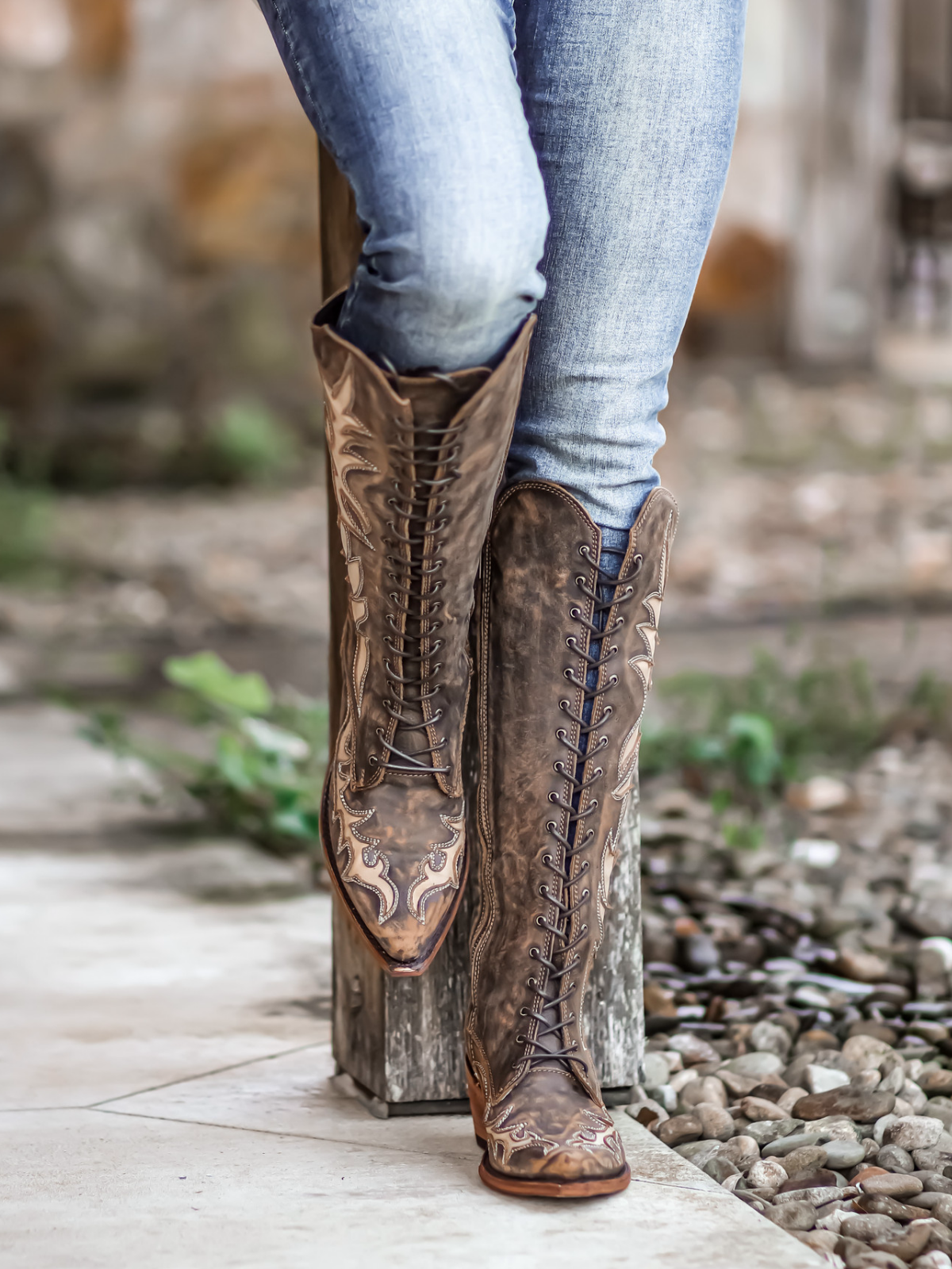 Distressed Brown Snip-Toe Inlay Lace Up Full-Zip Mid Calf Cowgirl Boots