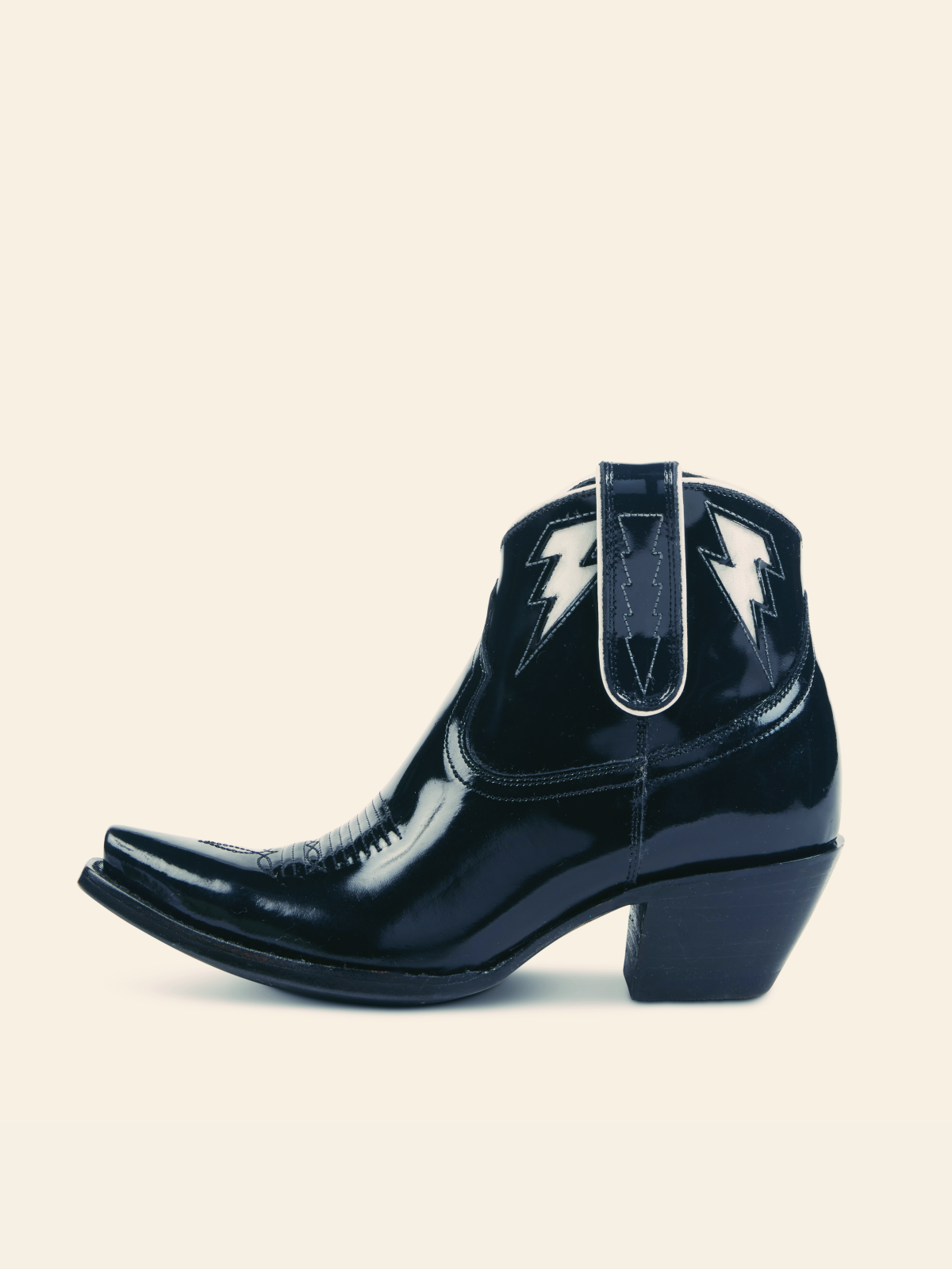 Lightning Inlay Snip-Toe Full-Zip Ankle Booties - Black Patent