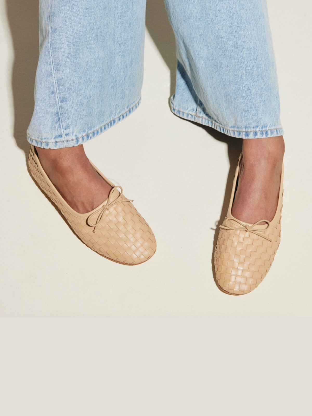 Tan Woven Bow Round-Toe Ballerina Flats