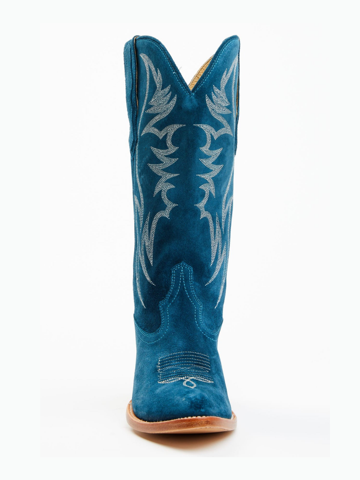 Faux Suede Wings Embroidery Pointed-Toe Wide Mid Calf Tall Cowgirl Boots - Teal Blue